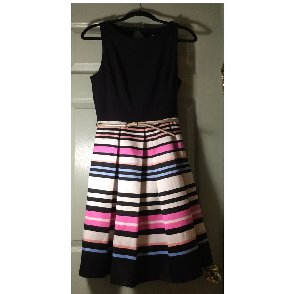 A-Line Black & Multicolored Striped Dress